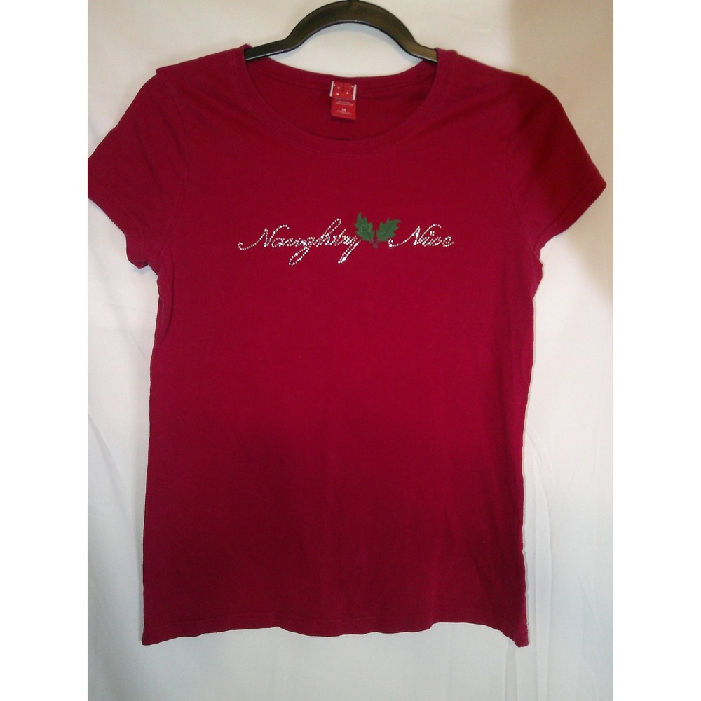 Red Naughty Nice Christmas Rhinestone Holidayโ T-Shirt Medium